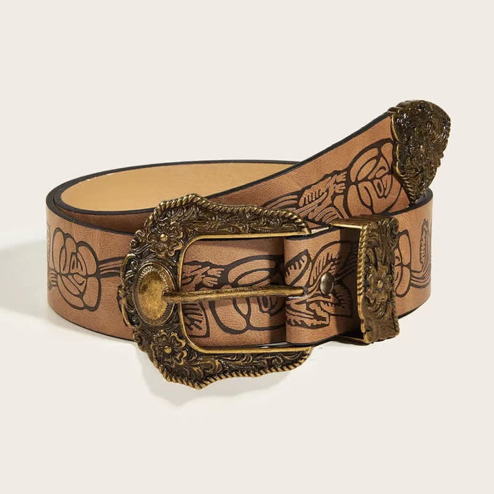 Ceinture en cuir à motif floral doré antique pour femme