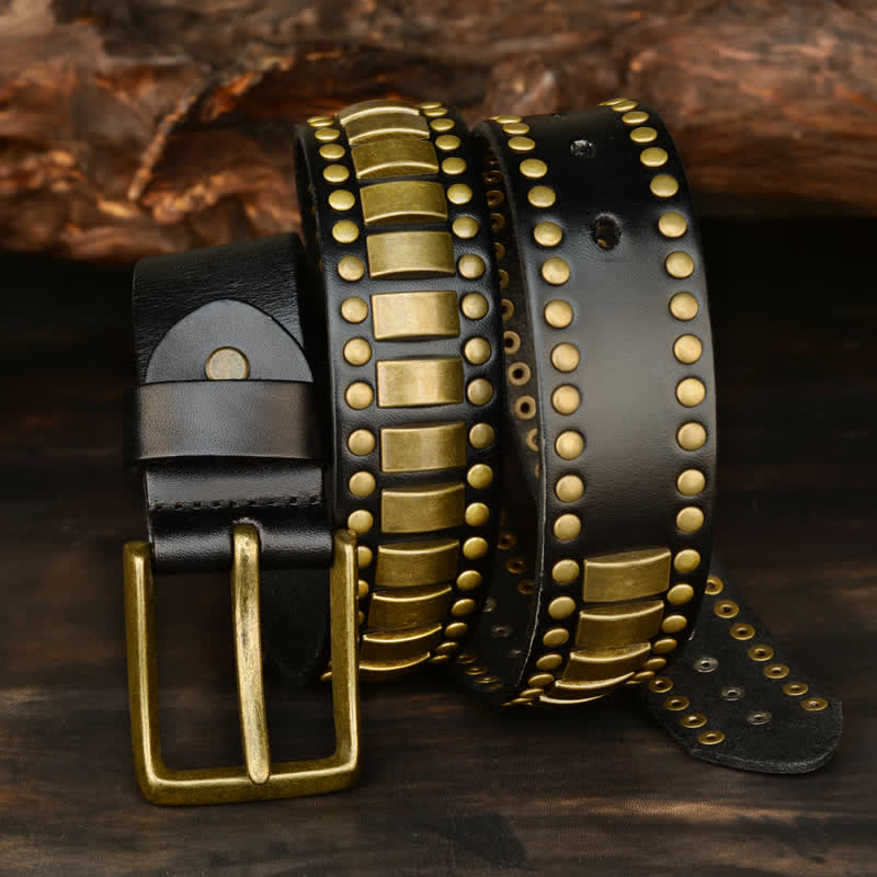 Ceinture en cuir pour homme, rivets ronds et carrés, couleur ou antique