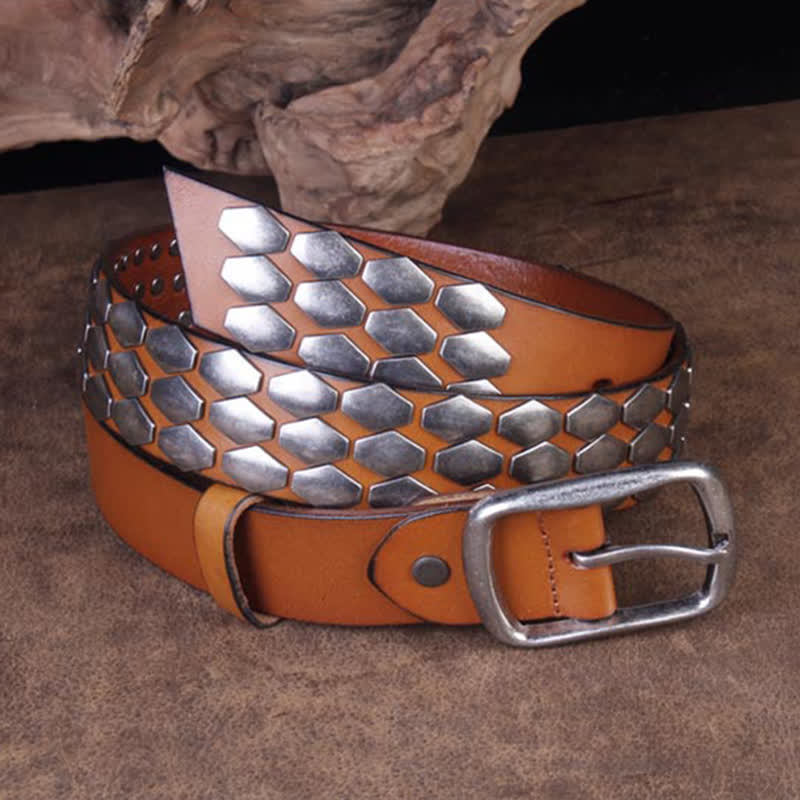 Ceinture en cuir à rivets et flocons d'écailles de poisson punk pour hommes