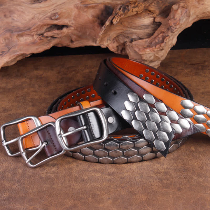 Ceinture en cuir à rivets et flocons d'écailles de poisson punk pour hommes