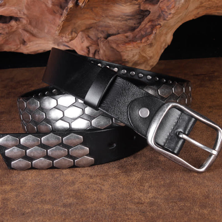 Ceinture en cuir à rivets et flocons d'écailles de poisson punk pour hommes