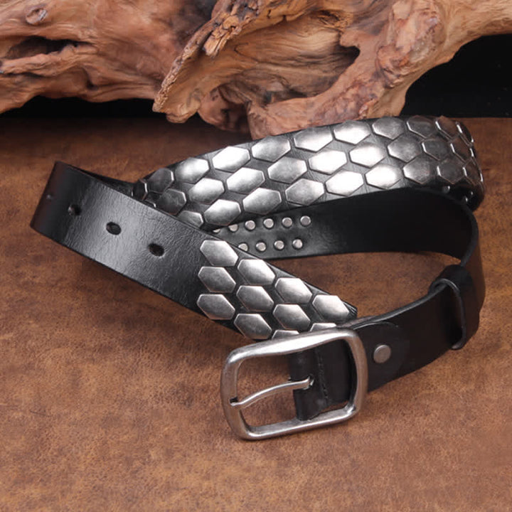 Ceinture en cuir à rivets et flocons d'écailles de poisson punk pour hommes