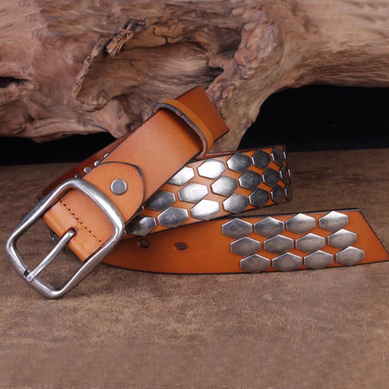Ceinture en cuir à rivets et flocons d'écailles de poisson punk pour hommes