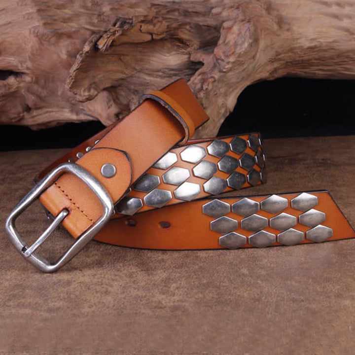 Ceinture en cuir à rivets et flocons d'écailles de poisson punk pour hommes