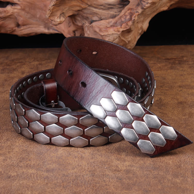 Ceinture en cuir à rivets et flocons d'écailles de poisson punk pour hommes