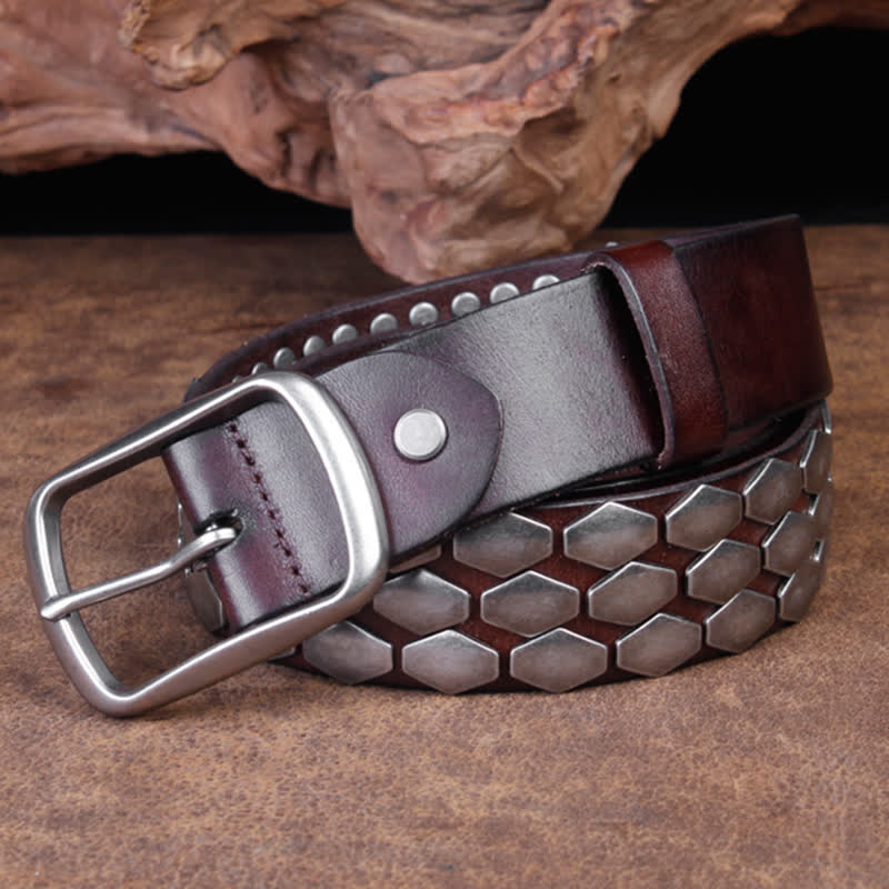 Ceinture en cuir à rivets et flocons d'écailles de poisson punk pour hommes