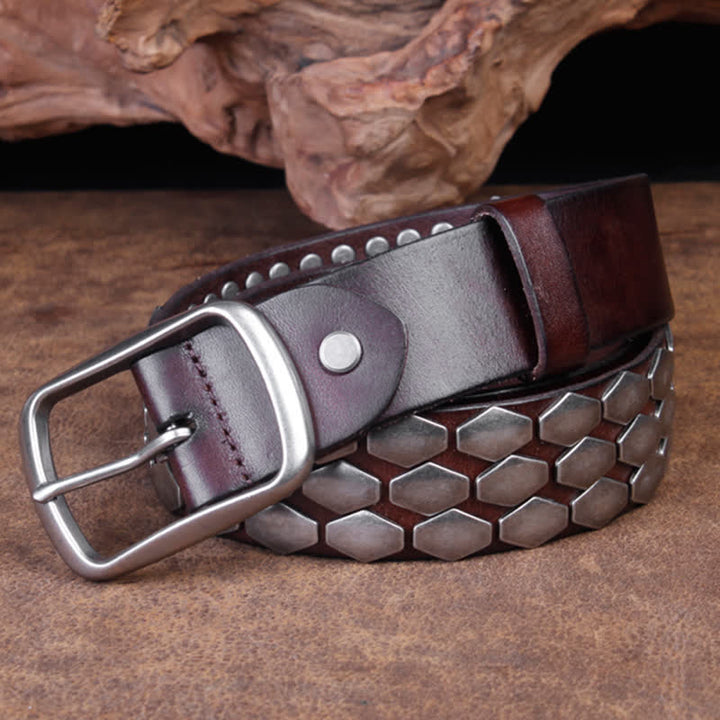 Ceinture en cuir à rivets et flocons d'écailles de poisson punk pour hommes
