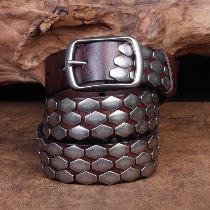 Ceinture en cuir à rivets et flocons d'écailles de poisson punk pour hommes