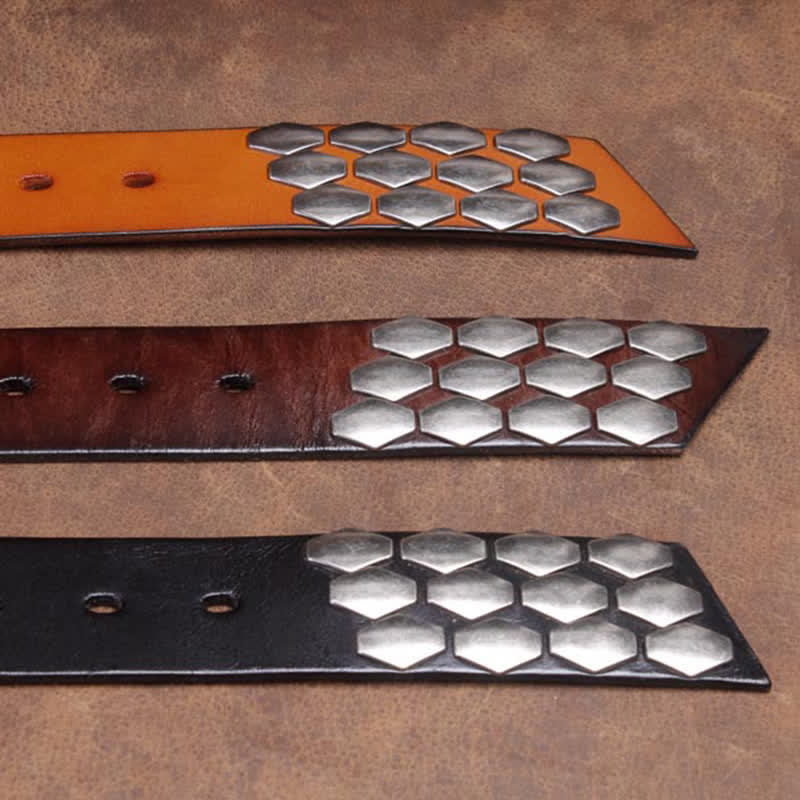 Ceinture en cuir à rivets et flocons d'écailles de poisson punk pour hommes