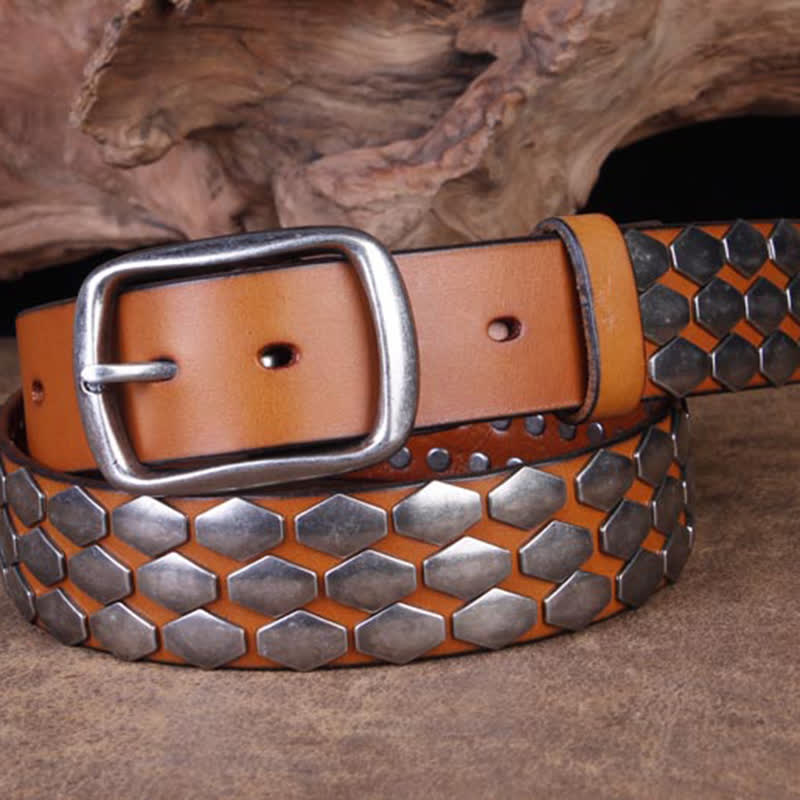 Ceinture en cuir à rivets et flocons d'écailles de poisson punk pour hommes