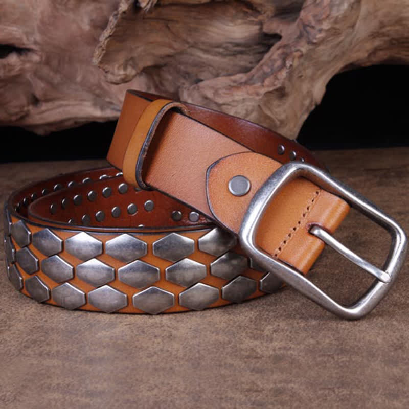 Ceinture en cuir à rivets et flocons d'écailles de poisson punk pour hommes