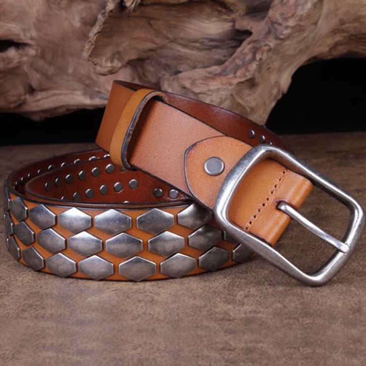 Ceinture en cuir à rivets et flocons d'écailles de poisson punk pour hommes