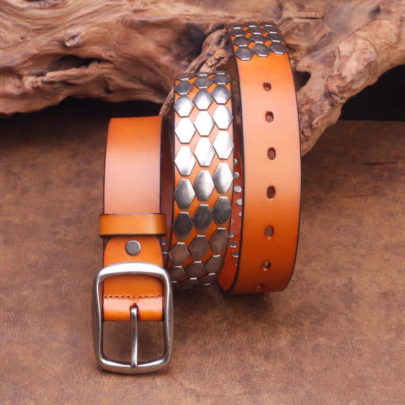 Ceinture en cuir à rivets et flocons d'écailles de poisson punk pour hommes