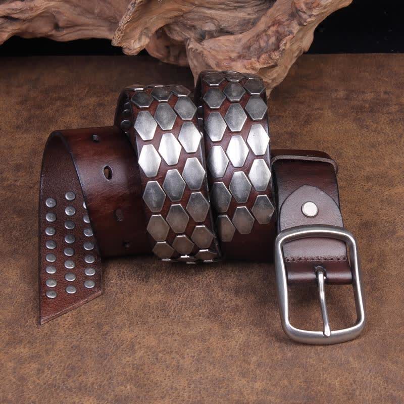 Ceinture en cuir à rivets et flocons d'écailles de poisson punk pour hommes