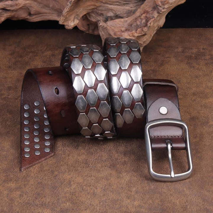 Ceinture en cuir à rivets et flocons d'écailles de poisson punk pour hommes