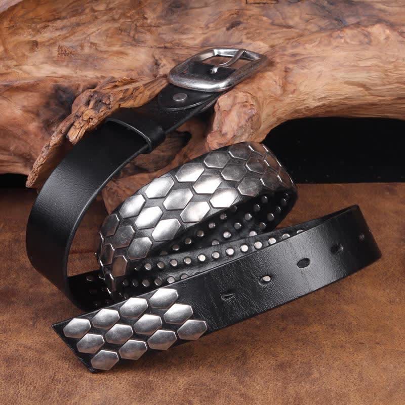 Ceinture en cuir à rivets et flocons d'écailles de poisson punk pour hommes