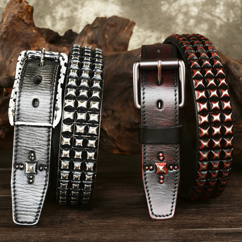 Ceinture en cuir à trois rangées de rivets pyramidaux classiques pour hommes