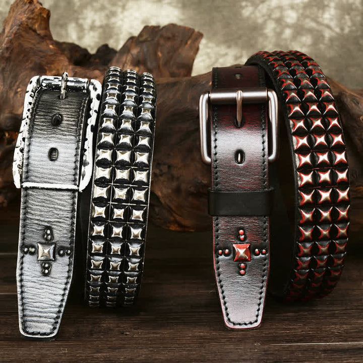 Ceinture en cuir à trois rangées de rivets pyramidaux classiques pour hommes