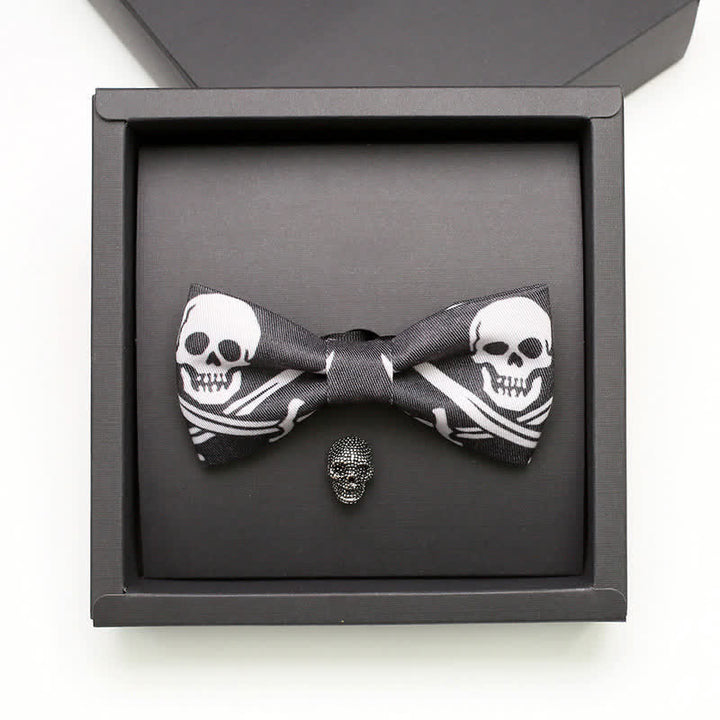 Lot de 2 broches et nœuds papillons pour homme en forme de crâne de pirate noir et blanc