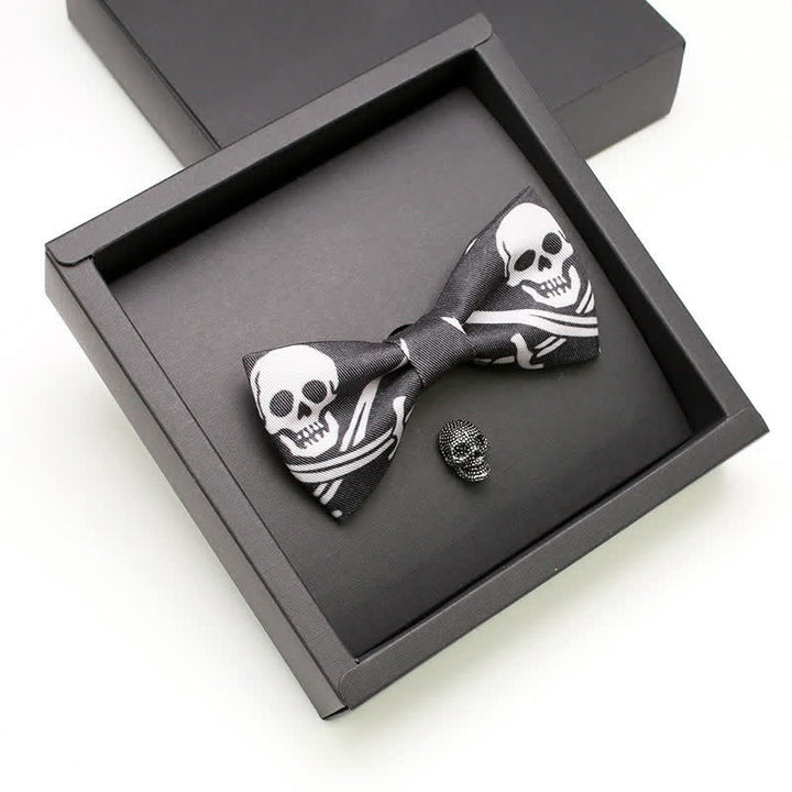 Lot de 2 broches et nœuds papillons pour homme en forme de crâne de pirate noir et blanc