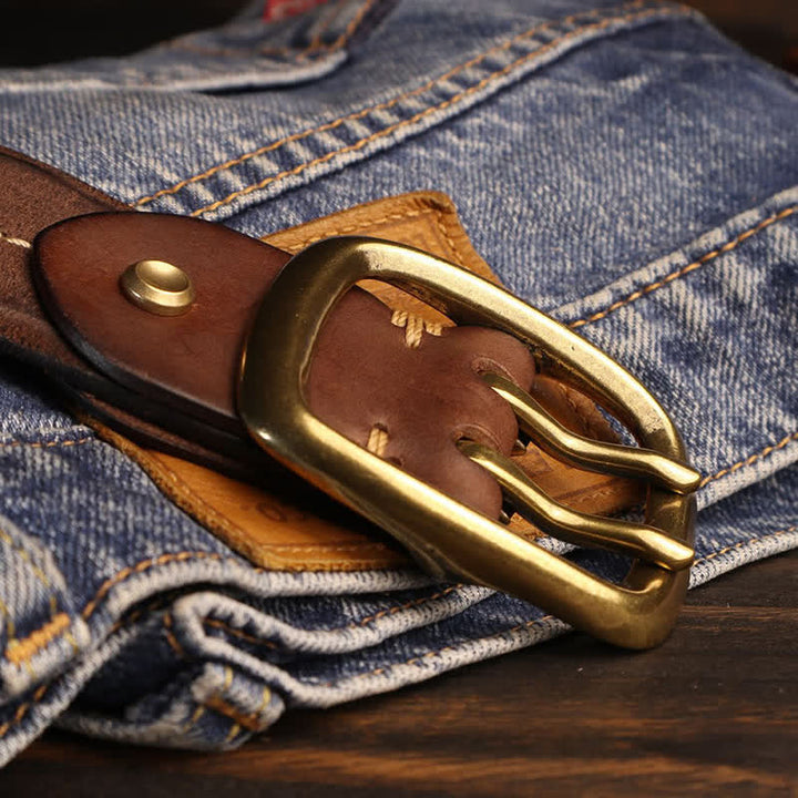 Ceinture en cuir à double trou pour homme avec boucle en laiton
