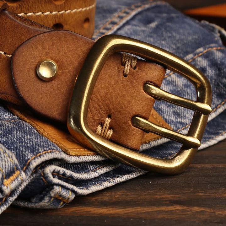 Ceinture en cuir à double trou pour homme avec boucle en laiton