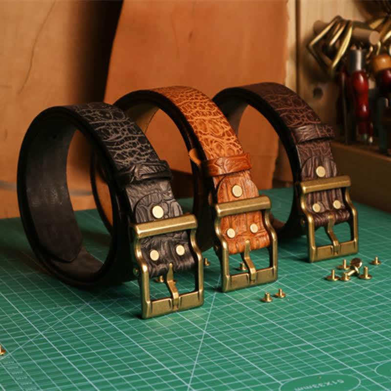 Ceinture en cuir à motif peau de crocodile gaufré pour homme