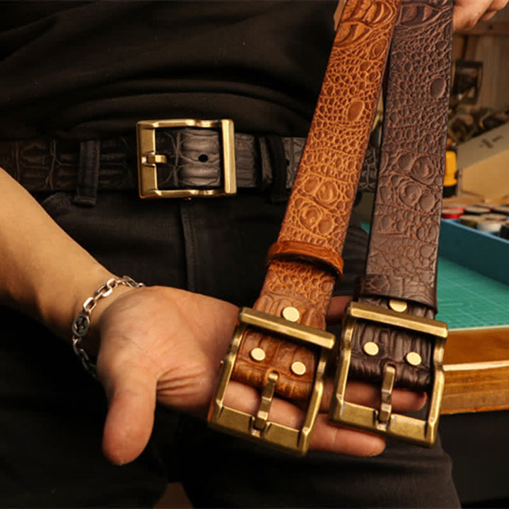Ceinture en cuir à motif peau de crocodile gaufré pour homme
