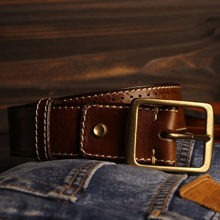 Ceinture en cuir perforé cousue à la main de style britannique pour homme