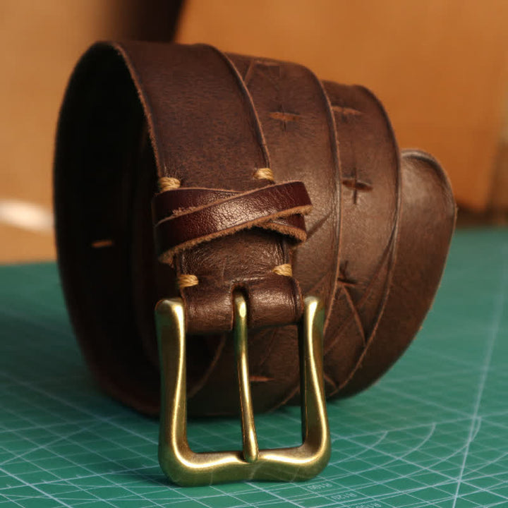 Ceinture en cuir à motif croisé découpée à la main pour homme