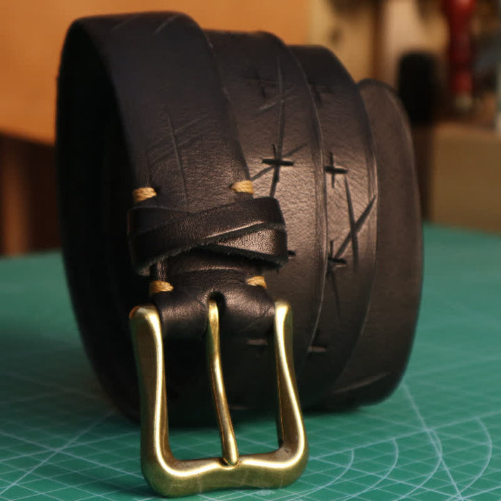 Ceinture en cuir à motif croisé découpée à la main pour homme