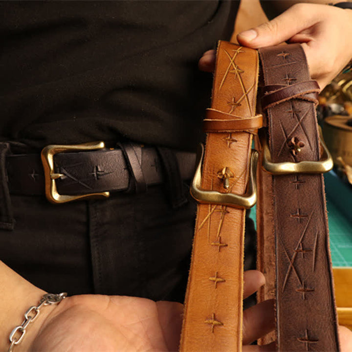 Ceinture en cuir à motif croisé découpée à la main pour homme