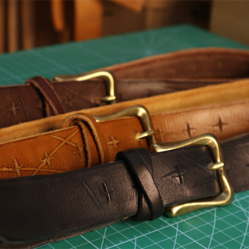 Ceinture en cuir à motif croisé découpée à la main pour homme