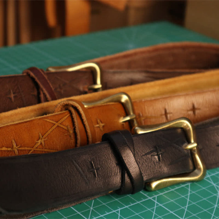 Ceinture en cuir à motif croisé découpée à la main pour homme