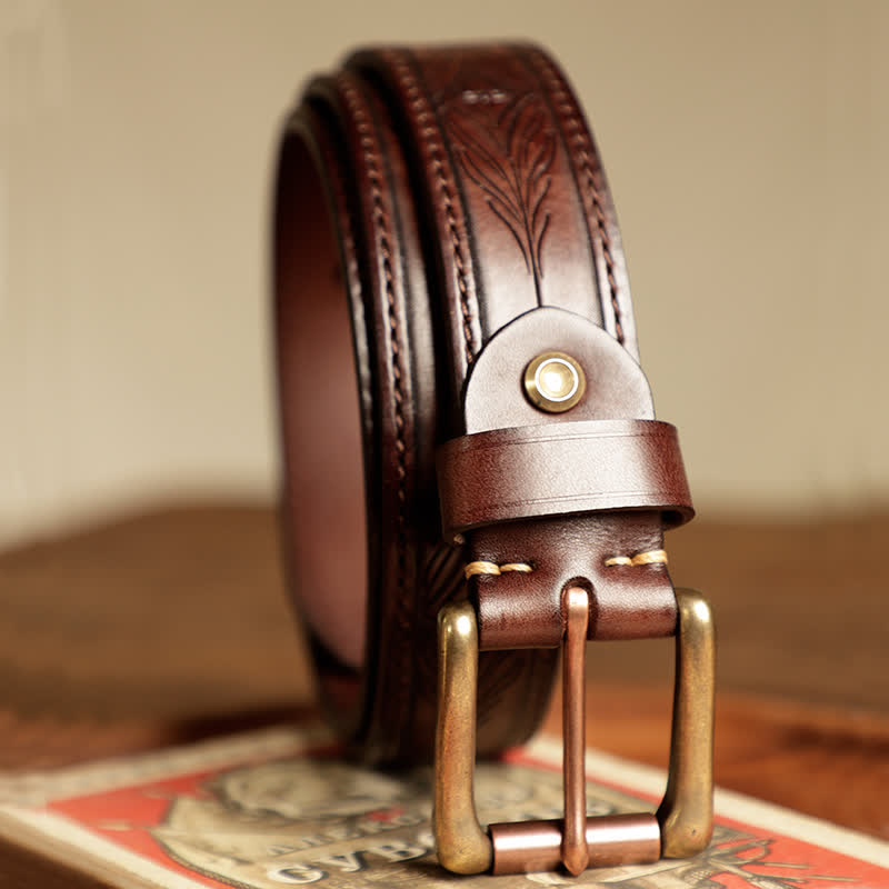 Ceinture en cuir gravée de feuilles de fleurs en relief pour hommes