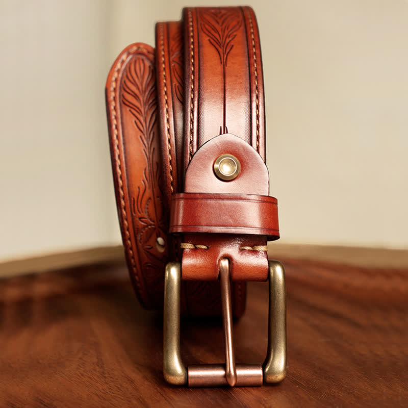 Ceinture en cuir gravée de feuilles de fleurs en relief pour hommes