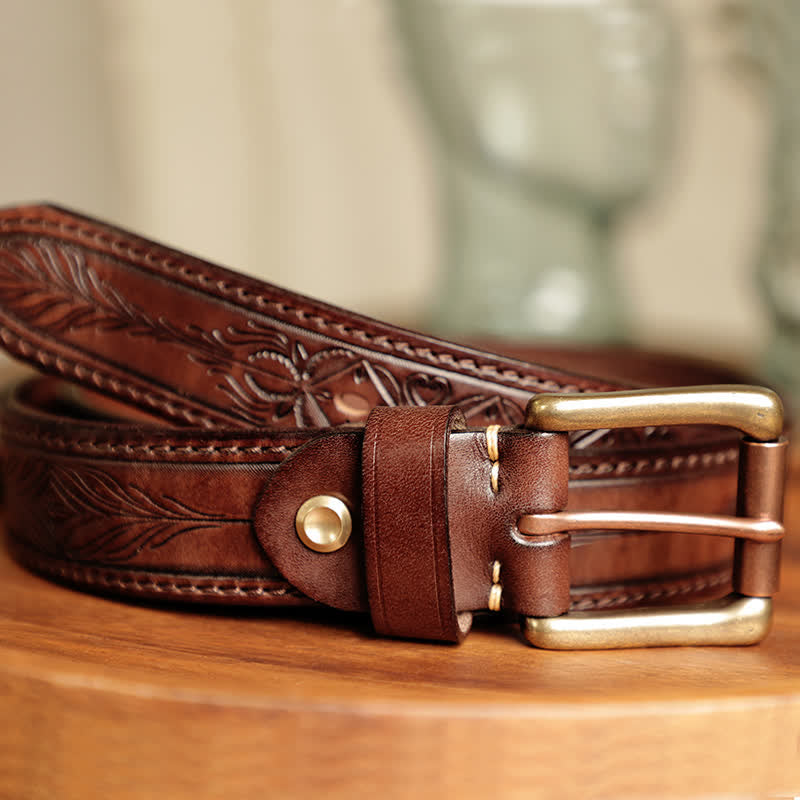 Ceinture en cuir gravée de feuilles de fleurs en relief pour hommes