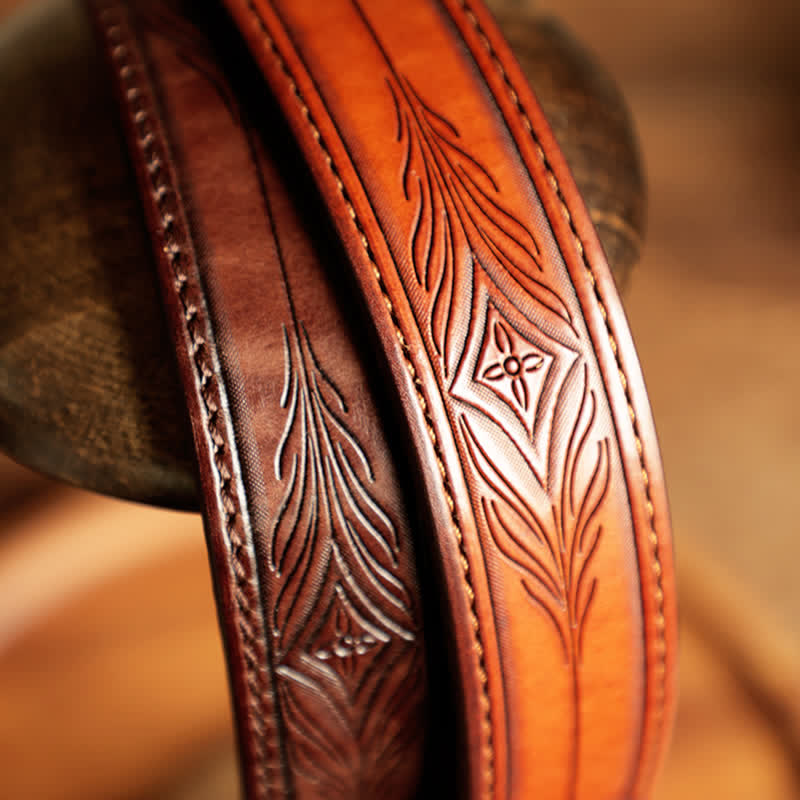 Ceinture en cuir gravée de feuilles de fleurs en relief pour hommes