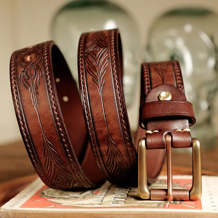 Ceinture en cuir gravée de feuilles de fleurs en relief pour hommes