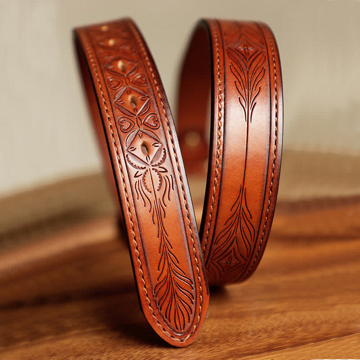 Ceinture en cuir gravée de feuilles de fleurs en relief pour hommes
