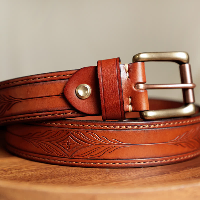 Ceinture en cuir gravée de feuilles de fleurs en relief pour hommes