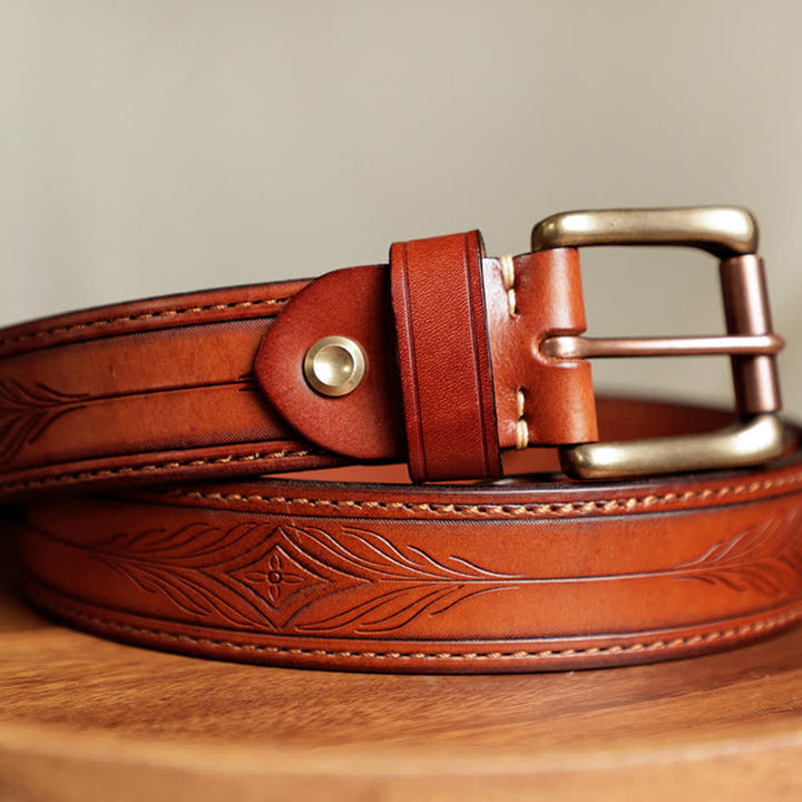 Ceinture en cuir gravée de feuilles de fleurs en relief pour hommes