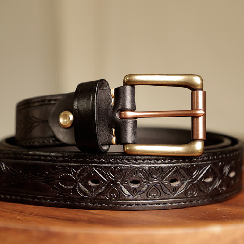 Ceinture en cuir gravée de feuilles de fleurs en relief pour hommes