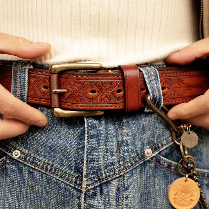 Ceinture en cuir gravée de feuilles de fleurs en relief pour hommes
