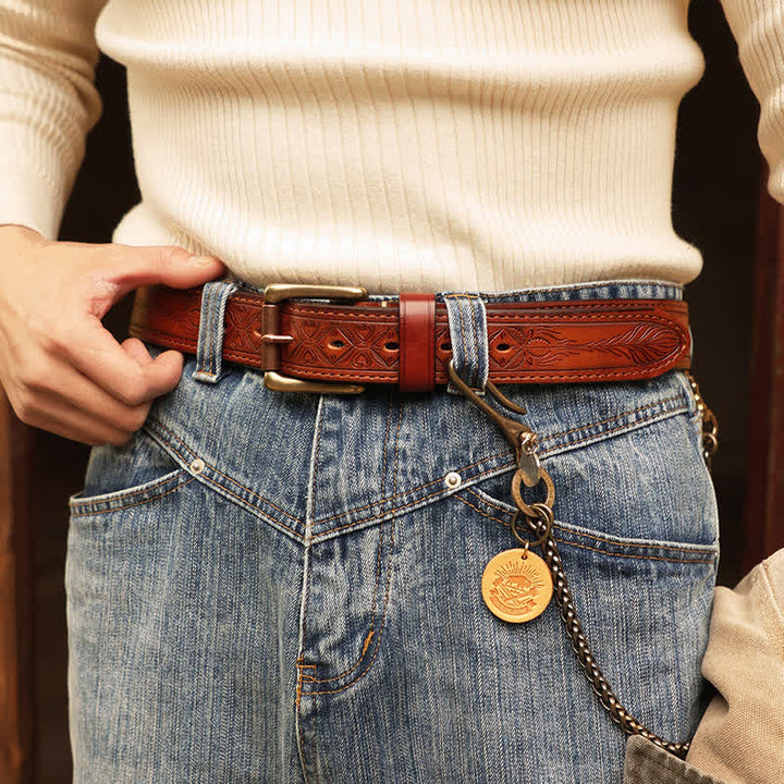 Ceinture en cuir gravée de feuilles de fleurs en relief pour hommes