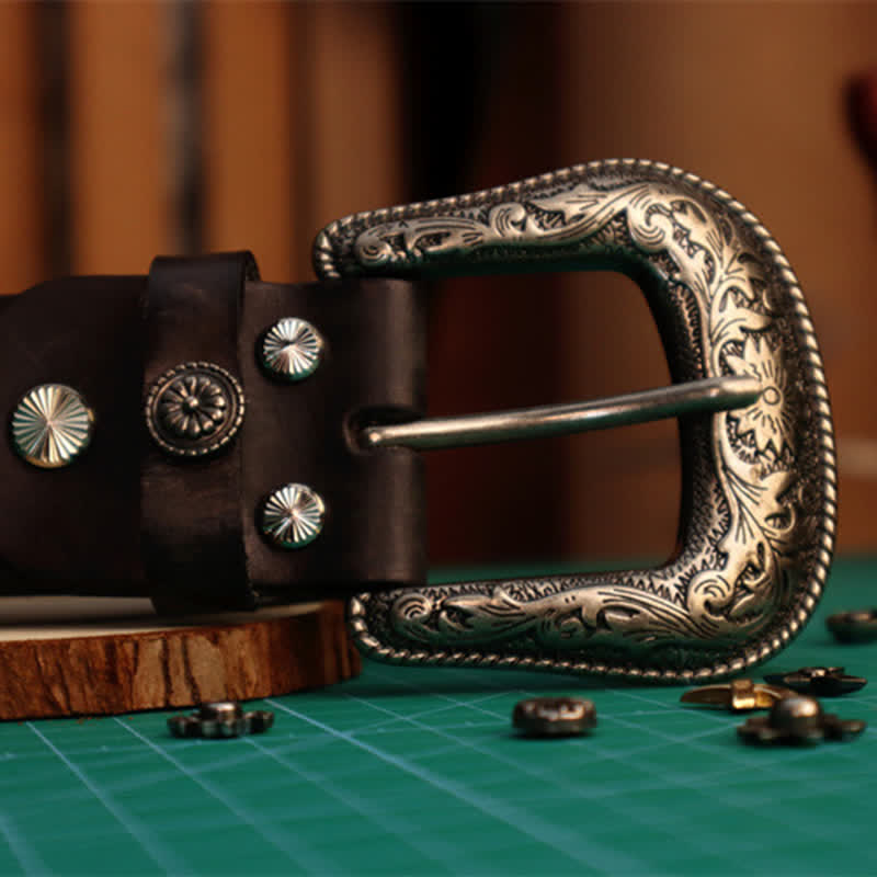 Ceinture en cuir à boucle élégante avec motif de fleur sculptée pour homme