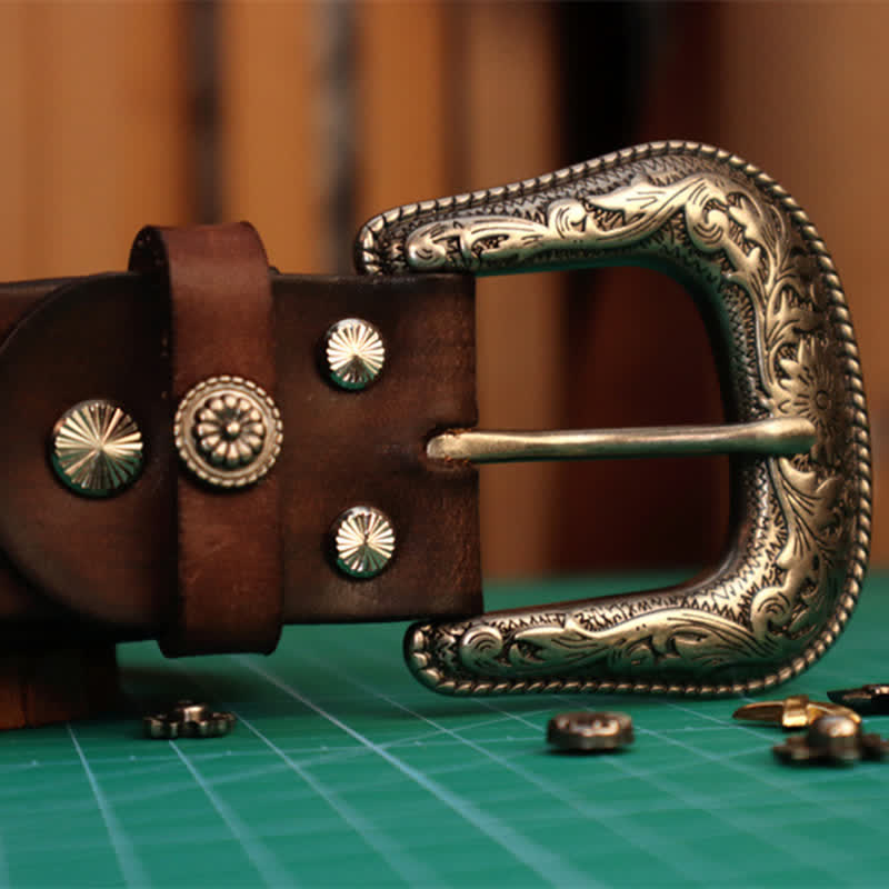 Ceinture en cuir à boucle élégante avec motif de fleur sculptée pour homme