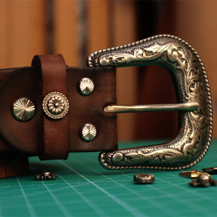 Ceinture en cuir à boucle élégante avec motif de fleur sculptée pour homme