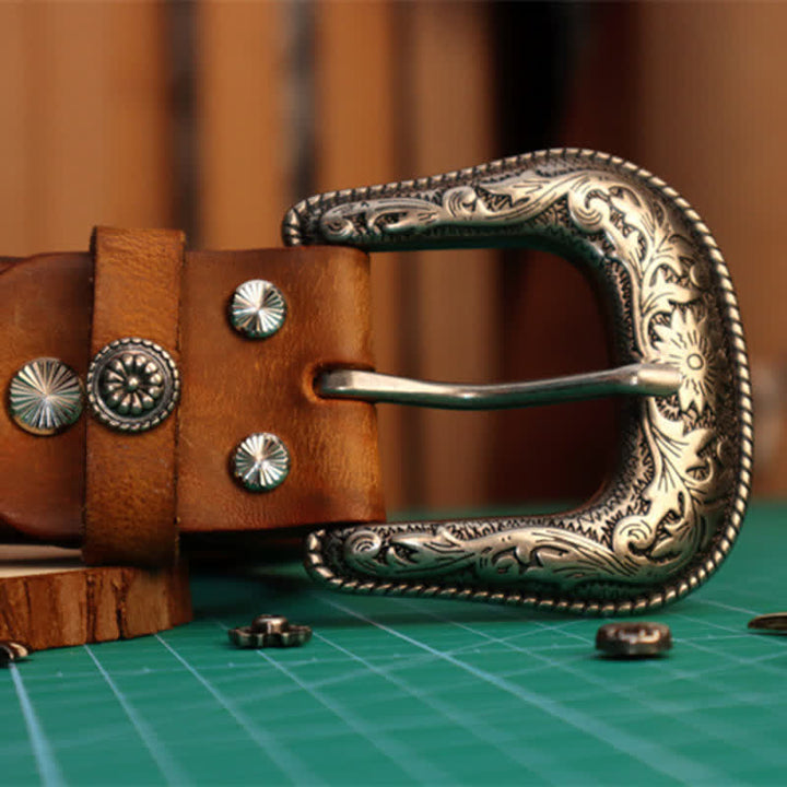 Ceinture en cuir à boucle élégante avec motif de fleur sculptée pour homme