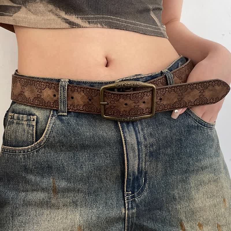 Ceinture en cuir marron foncé pour femme avec motif gravé